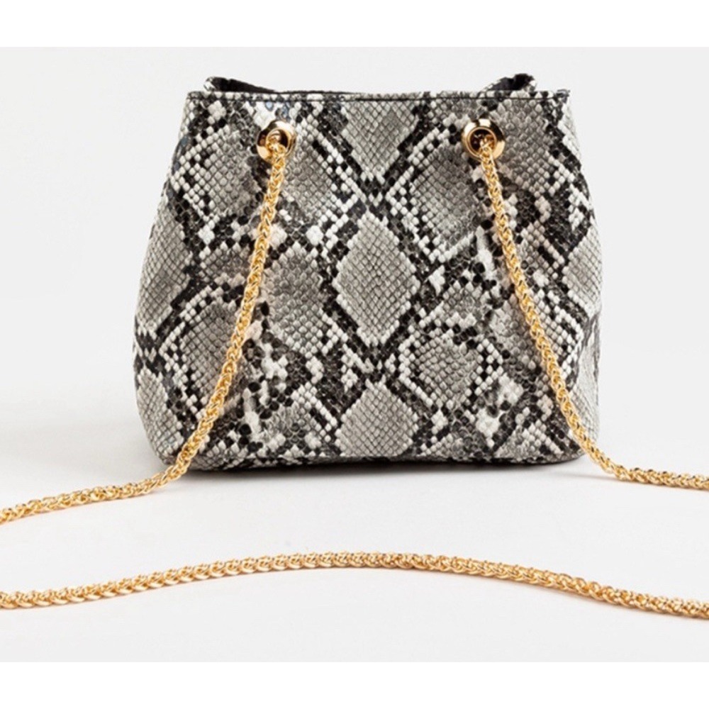 Erin MMS Snake Print Bucket Handbag Crossbody Gold Chain‎ Soft Vegan Leather #49
